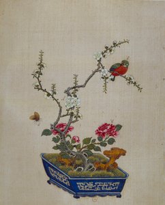 Arte chinesa: flores e pássaros (bonzai). Pintura em seda do século XVIII. Paris, B.N. de School Chinese