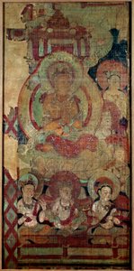 Arte chinesa: grupo de Boddhisatvas (ou Bodhisatvas). pintura em seda. Dinastia Touen Houang do século X, Musee des Arts Asians de Guimet, Paris. de School Chinese
