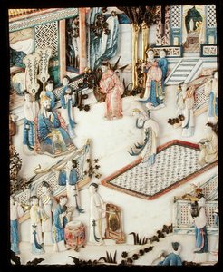 Detalhe de um painel que retrata um dignitário observando uma bailarina, Qianlong period de School Chinese
