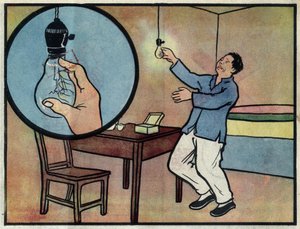 Zeichnung zeigt die Gefahr, eine leuchtende Glühbirne mit der Hand zu berühren. Illustration, in „How to use electricity safely“, China