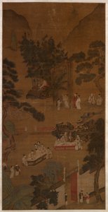 Reunião Elegante no Jardim Ocidental, c.1600 (tinta e cor sobre seda) de School Chinese