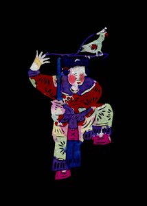 Personagem feminina segurando uma espada com um pássaro. Corte de papel pintado ou "Jian Zhi", arte popular chinesa, Pekin. de School Chinese