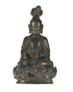 Figura de Guanyin, a deusa chinesa da misericórdia sentada numa base de desenho de lótus com um corvo empoleirado na cabeça e um coelho a descansar na mão esquerda de School Chinese