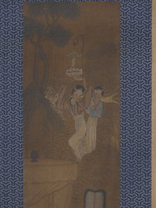 Cinco mulheres numa procissão (tinta e cor sobre seda) de School Chinese