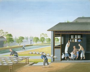 Fabrico de Porcelana, China, c.1820 (guache sobre papel) de School Chinese