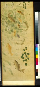 Myriad Fish In Audience With Carp (tinta e cor sobre seda) de School Chinese