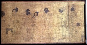 Palace Ladies at Leisure Handscroll, detalhe das senhoras a prepararem-se para sair, após um original de Wen-chu Chou (fl.970) período Southern Sung, c.1140 (tinta e pigmento sobre seda) (ver também 114250) de School Chinese