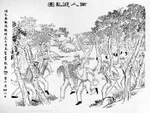 A Rebelião Boxer: Europeus de frente para os Boxers. Ilustração publicada no jornal Shanghai Toung-Ouen-Hou-Pao.1899 aproximadamente. de School Chinese