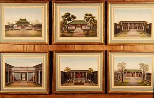 Conjunto de Seis Pavilhões Chineses e Cenas do Pátio, c.1780 (aguarela) de School Chinese
