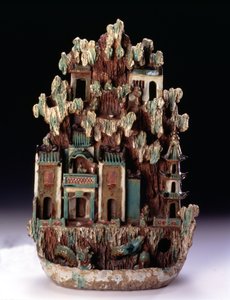 Paraíso de montanha taoísta em Penglai feito nos fornos Shiwan, província de Guangdong, dinastia Qing 1644-1912, final do século XIX (policromia e grés dourado) de School Chinese
