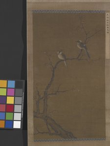 Dois pássaros num bordo vermelho, cerca de 1350 (tinta e cor sobre seda) de School Chinese