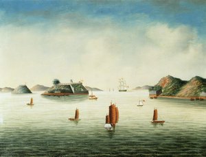 Vista da zona de Cantão, c.1850 (óleo sobre tela) de School Chinese