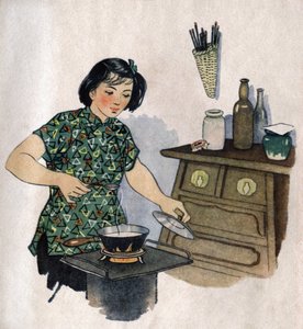 Jovem mãe a preparar comida para o seu filho. Ilustração, em "Comment mieux nourish nos enfants", Edição Le Journal de la Sante, Pekin de School Chinese