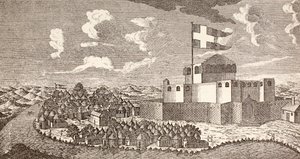 Forte colonial dinamarquês de Fredensborg, Ningo, Gana, tal como era em 1760, de "Afrika, dets Opdagelse, Erobring og Kolonisation", publicado em 1901 em Copenhaga (litografia) de School Danish