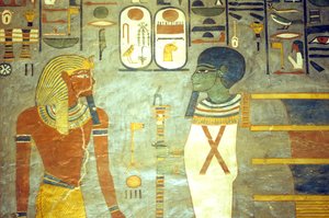 Antigo Egipto, Pintura, Ramsés I perante Ptah, atrás do qual se encontra um pilar djed, Túmulo de Ramsés I, Tebas de School Egyptian