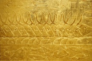 Antigo Egipto, Entalhe/pintura mural, Mastaba/Túmulo de Idout, Saqqara, 2323-2150 a.C., Gado a atravessar um rio (foto) de School Egyptian