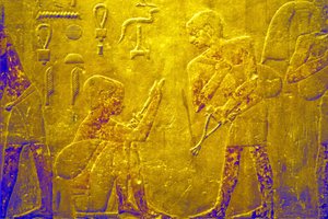 Antigo Egipto, Entalhe/pintura mural, Mastaba/Túmulo de Ti, Saqqara, 5.ª Dinastia, Troca de bens no mercado (foto) de School Egyptian