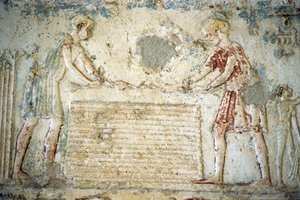 Antigo Egito, Escultura mural/pintura, Túmulo de Petosiris, Tuna el Gebel, 300 a.C., A colheita do linho (foto) de School Egyptian