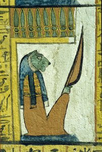 Antigo Egipto, Pintura mural, Deus do submundo com cabeça de leão, Túmulo de Sennedjem, Tebas, Deir el Medina de School Egyptian