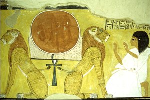 Antigo Egipto, Pintura mural Túmulo de Inherkhau, Tebas, Inherkhau adorando dois leões, guardiões do hoje e do amanhã, 20ª Dinastia (foto) de School Egyptian