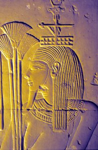 Antigo Egipto, Pintura/gravura mural, Deus do Nilo traz oferendas de flores de lótus, Templo de Seti I, Abydos de School Egyptian