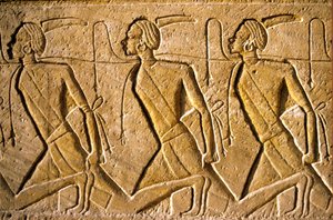 Egipto antigo, Pintura mural/Escultura, Fila de prisioneiros representando o povo Kushite, representado como africano, que foi derrotado por Ramsés II, Templo de Ramsés II, Abu Simbel de School Egyptian