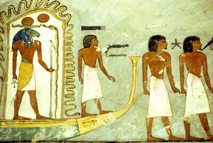 Antigo Egipto, Pintura mural/gravura, Viagem através do barco do submundo puxado por homens, Túmulo de Ramsés I, Tebas de School Egyptian