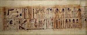 Antigo Papiro Mitológico da Arte Egípcia de Serimen. Em cima: durante a criação do mundo, o deus Geb (Terra) é separado da deusa Nout (céu); deuses e génios a partir de agora. Em baixo: Serimen presta homenagem ao sol que está a inundar com a sua ra de School Egyptian