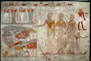 Arte Egípcia Antiga: músicos em um banquete. Pintura em lodo (por volta de 1400 a.C.). de School Egyptian