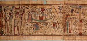 Alegoria antiquita egípcia do cosmos: papiro mitológico de Neskapashouty, escriba contábil de grãos representando a cosmogonia, com Geb, Nout, Nephtys, Osiris. 1070-664 AC. 21ª dinastia. Sol 2,7x0,27 m Paris, musee du Louvre.