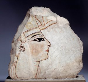 Antiquite egípcio: ostrakon (ou ostracon) (plural: ostraca ou ostraka), cacos de cerâmica calcária com perfil real. 19ª dinastia (1295-1186 a.C.). Paris, Museu do Louvre de School Egyptian