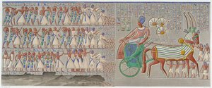 Tebas, Medynet-Abu: baixo relevo colorido, esculpido na galeria sul do peristilo do palácio - em "Antiguidades Egípcias", T.II de School Egyptian