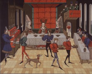 Jantar servido por senhoras aristocráticas medievais do século XV (cor litho) de School English