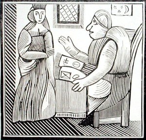 Uma Mulher procura orientação no Soothsayer, cópia de uma ilustração de "A História da Mãe Bando do Ocidente", de uma coleção de livros capilares na esoterica c14th-c17th (xilogravura) de School English