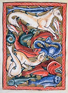 Peixes e animais marinhos, fac-símile de uma miniatura manuscrita do século XII (cor litho) de School English