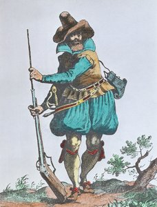 Soldado alemão do início do século XVII, armado com mosquete de fósforo (gravação a cores)