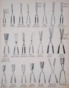 Pinças de encaracolar, de um catálogo comercial de produtos e acessórios domésticos, c.1890-1910 (cor litho) de School English