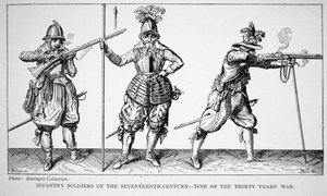 Soldados de infantaria do século XVII - época da Guerra dos Trinta Anos (litho) de School English