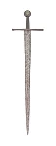Espada larga do final da Idade Média, com a lâmina Viking anterior e portando as armas da família De Bohun, Condes de Hereford e Essex de School English