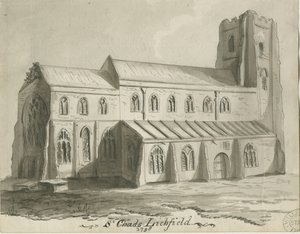 Lichfield - Igreja de São Chade: desenho em sépia de School English