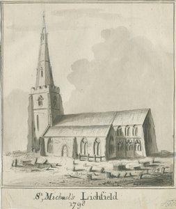 Lichfield - Igreja de São Miguel: desenho com caneta e lavatório sépia de School English