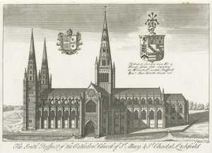 Catedral de Lichfield - Vista Sul: gravura, nd [?early 18th cent] (imprimir) de School English