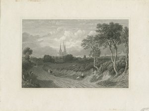 Catedral de Lichfield - Vista Oeste (distante): gravura, nd [?18 cent] (estampado) de School English