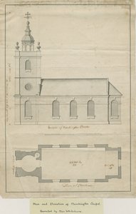Marchington Church - Elevação Exterior e Plano Interior: desenho a caneta, nd [?meados do século XVIII] (desenho) de School English
