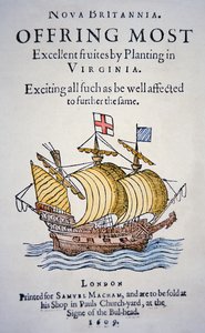 Panfleto que incentiva os colonos a irem à Virgínia na América, publicado em 1609 (cor litho) de School English