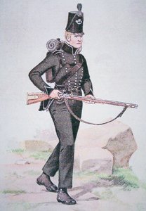 Soldado da 95ª Rifles, c.1810, armado com a espingarda Baker, desenhada por Ezekiel Baker de Londres (cor litho)