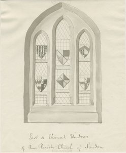 Igreja Sandon - Janela Leste da Chancelaria: desenho de lavagem sépia, nd [?18 cent] (desenho) de School English
