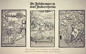 O desembarque de Colombo em Espaniola, após um panfleto contemporâneo publicado na Basileia em 1494 (litho) de School English