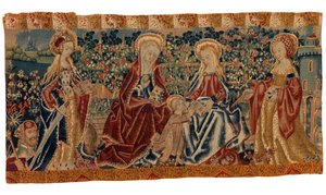 Tapeçaria frontal de altar representando a Virgem com o Menino e Santa Ana assistida por dois santos, finais do século XV a inícios do século XVI (lã e seda)