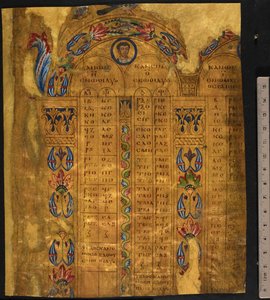 Tabelas canónicas, séc. VI-XV, Add MS 5111, f.11r (caneta e tinta com folha de ouro sobre pergaminho)